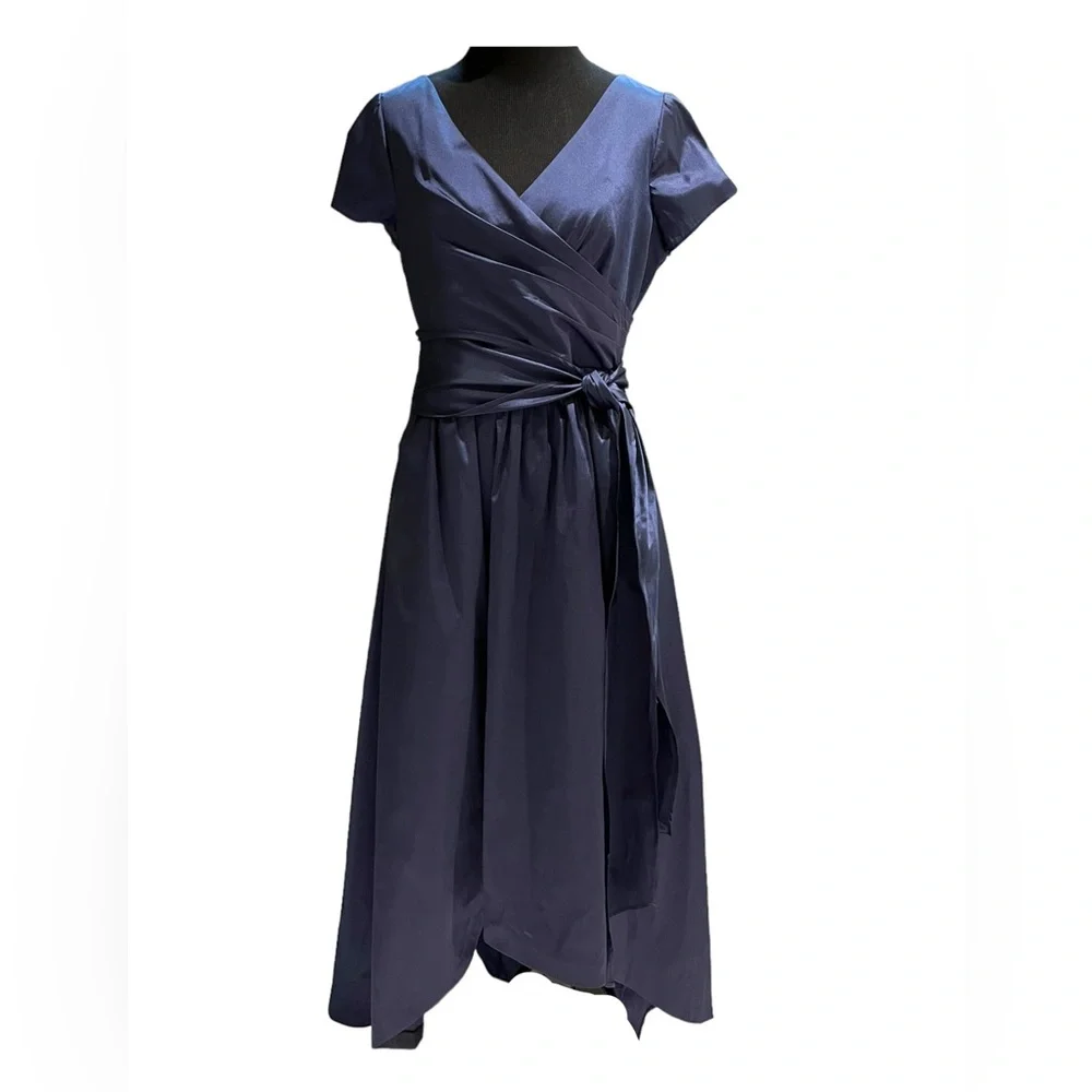 Navy Ruched Taffeta High-Low Gown - Picture 4 of 9